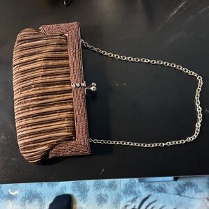 Vintage Ribbed Brown Satin Clutch Optional Chain Silver Strap